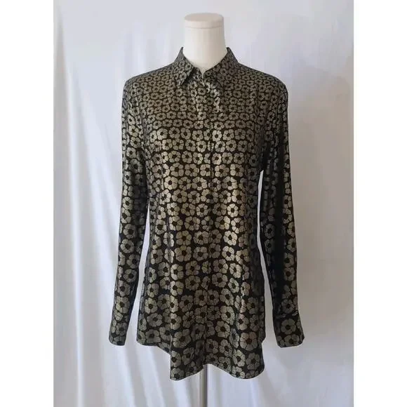 Sold! Equipment Femme Womens Black Gold Floral 100% Silk Blouse Top Small - Picture 2 of 5
